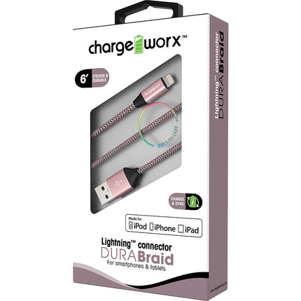 "DURA" Braid Metal 6ft Lightning  Sync & Charge Cable, Rose Gold