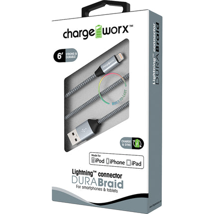 "DURA" Braid Metal 6ft Lightning  Sync & Charge Cable, Silver