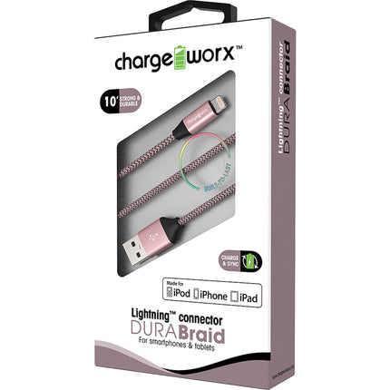 "DURA" Braid Metal 10ft Lightning  Sync & Charge Cable, Rose Gold