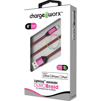 "DURO" Braid Metal 6ft Lightning  Sync & Charge Cable, Pink