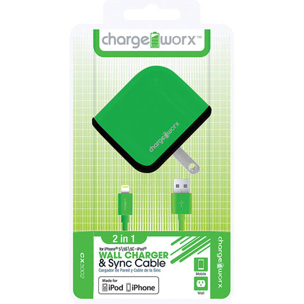 USB Wall Charger & Sync Cable for iPhone 5/5S/5C, 6/6Plus, Green