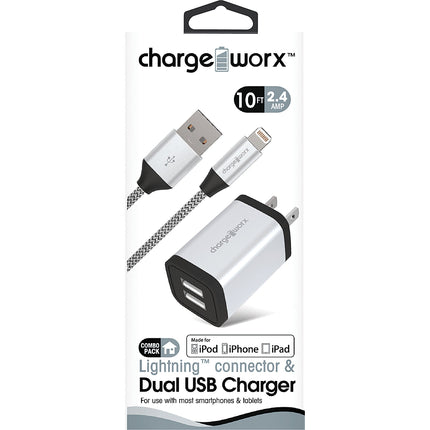2.4A Dual USB Metal Wall Charger & 6ft Lightning Cable, Silver