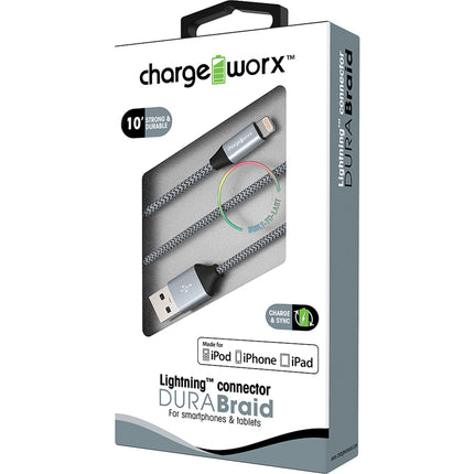 DURA Braid Metal 10ft Lightning  Sync & Charge Cable, Silver
