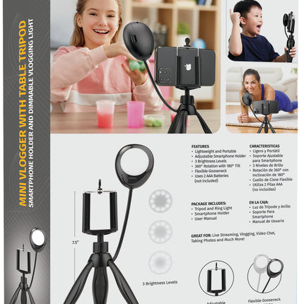 Smartphone Tripod with Adjustable Holder and Built-In-Ring Light