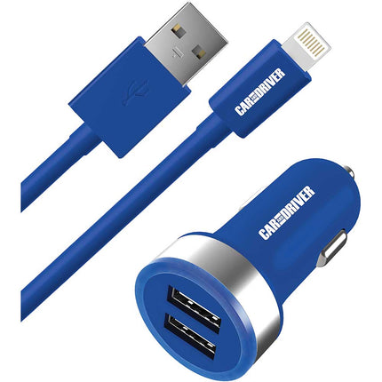 Dual USB Car Charger & 3FT Lightning Cable, Blue