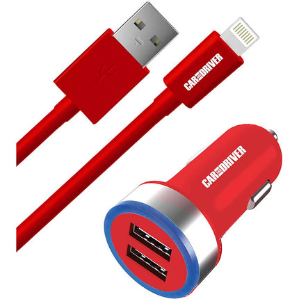 Dual USB Car Charger & 3FT Lightning Cable, Red