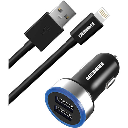 Dual USB Car Charger & 3FT Lightning Cable, Black