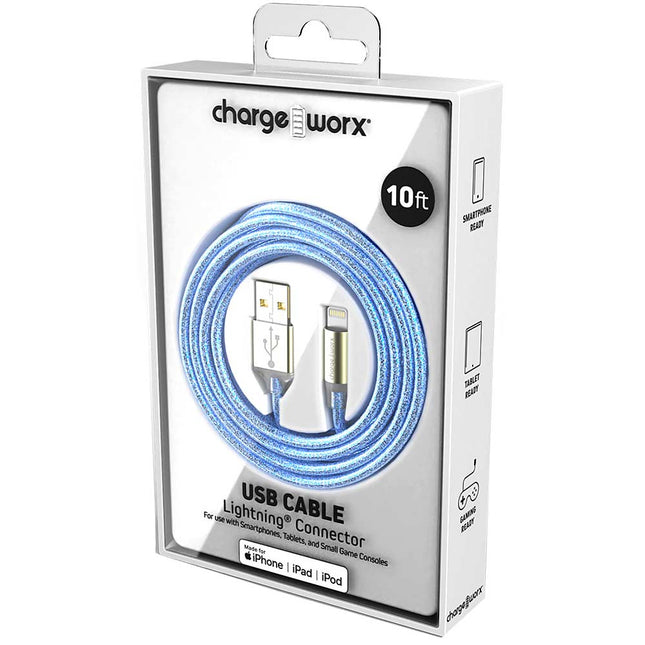 "GlowSync" 10 FT Lightning Cable, Light Blue