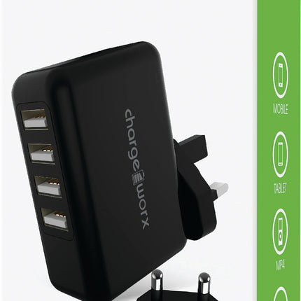 4 Port USB Wall Charger, Black