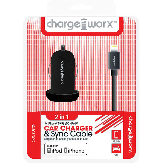 CX3000BK USB Car Charger & Sync Cable for iPhone 5/5S/5C , 6/6 Plus, Black