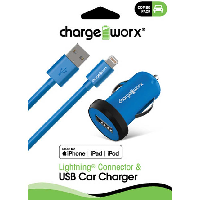 CX3000BL USB Car Charger & Sync Cable for iPhone 5/5S/5C , 6/6 Plus, Blue