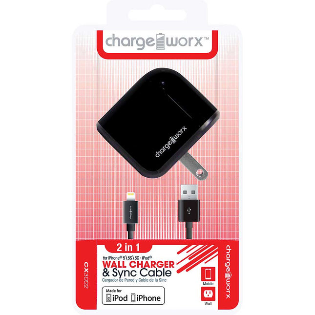 CX3002BK USB Wall Charger & Sync Cable for iPhone 5/5S/5C, 6/6Plus, Black