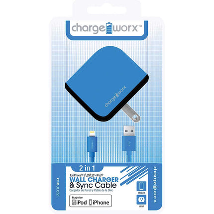CX3002BL USB Wall Charger & Sync Cable for iPhone 5/5S/5C, 6/6Plus, Blue
