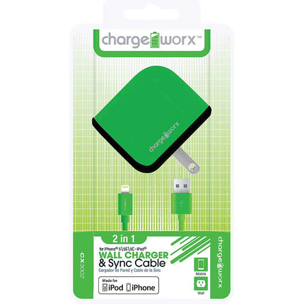 CX3002GN USB Wall Charger & Sync Cable for iPhone 5/5S/5C, 6/6Plus, Green