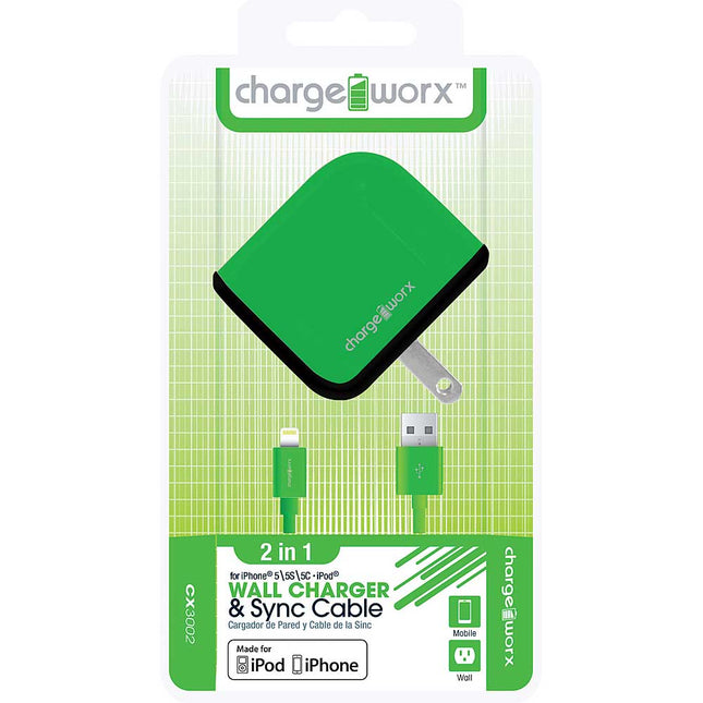 CX3002GN USB Wall Charger & Sync Cable for iPhone 5/5S/5C, 6/6Plus, Green