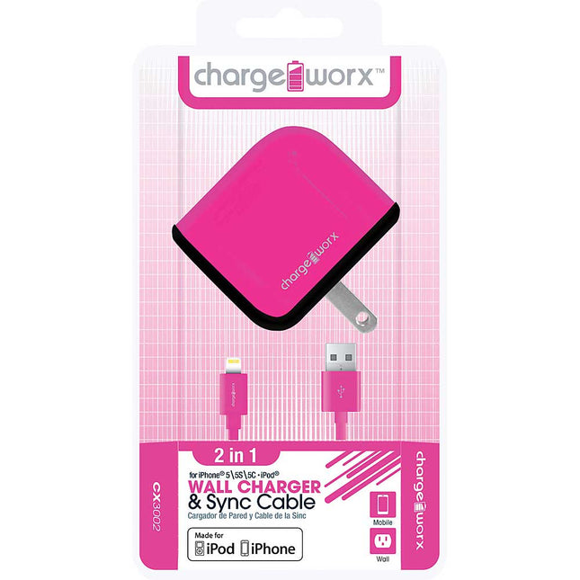 CX3002PK USB Wall Charger & Sync Cable for iPhone 5/5S/5C, 6/6Plus, Pink