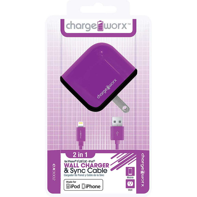 CX3002VT USB Wall Charger & Sync Cable for iPhone 5/5S/5C, 6/6Plus, Purple