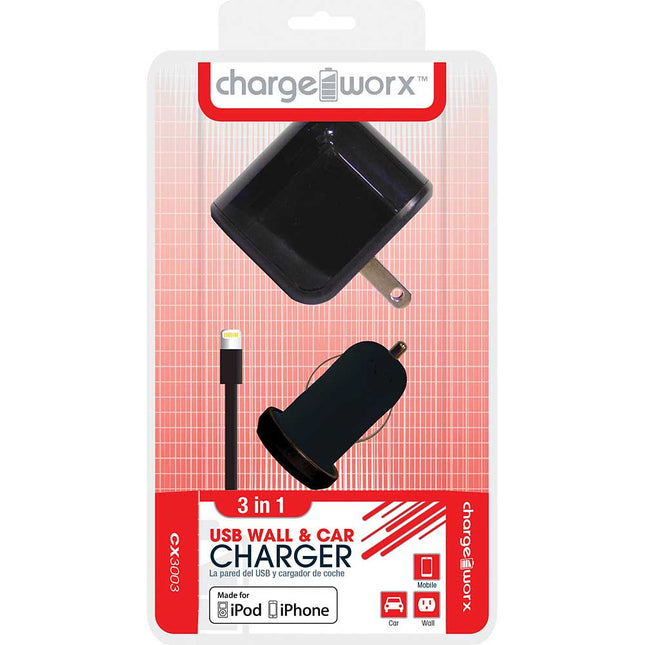 CX3003BK Wall & Car Charger with Sync Cable for iPhone 5/5S/5C, 6/6Plus, Black