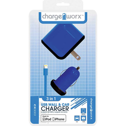 CX3003BL Wall & Car Charger with Sync Cable for iPhone 5/5S/5C, 6/6Plus, Blue