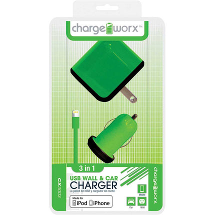 CX3003GN Wall & Car Charger with Sync Cable for iPhone 5/5S/5C, 6/6Plus, Green
