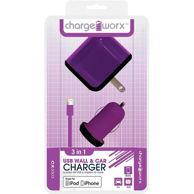 CX3003VT Wall & Car Charger with Sync Cable for iPhone 5/5S/5C, 6/6Plus, Purple