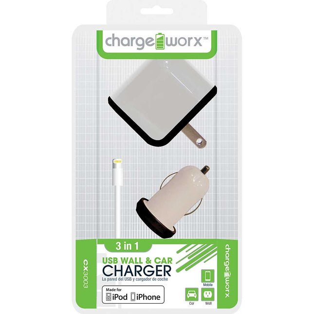 CX3003WH Wall & Car Charger with Sync Cable for iPhone 5/5S/5C, 6/6Plus, White