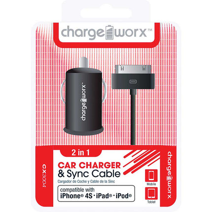 CX3004BK USB Car Charger & Sync Cable for iPhone 4/4S, iPad®, iPod®, Black