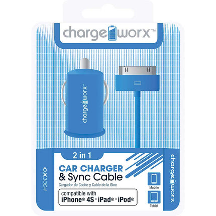 CX3004BL USB Car Charger & Sync Cable for iPhone 4/4S, iPad®, iPod®, Blue