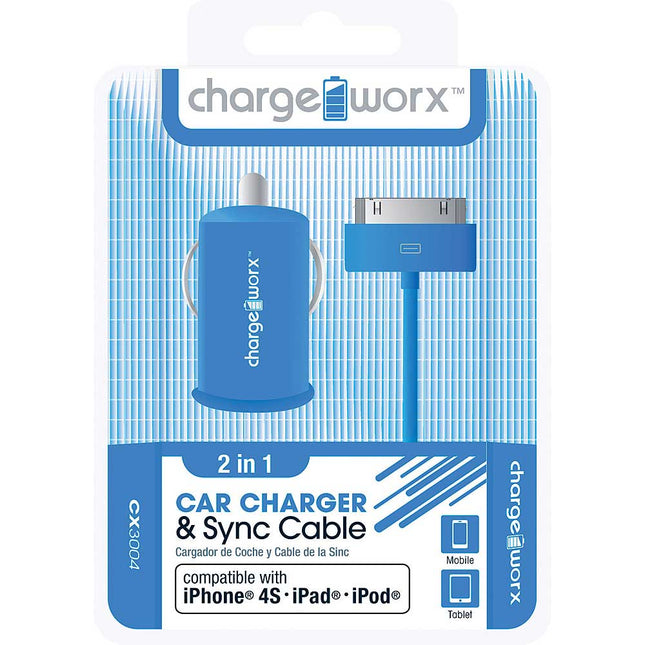 CX3004BL USB Car Charger & Sync Cable for iPhone 4/4S, iPad®, iPod®, Blue