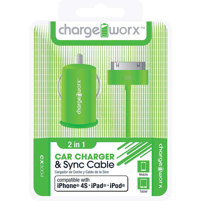 CX3004GN USB Car Charger & Sync Cable for iPhone 4/4S, iPad®, iPod®, Green