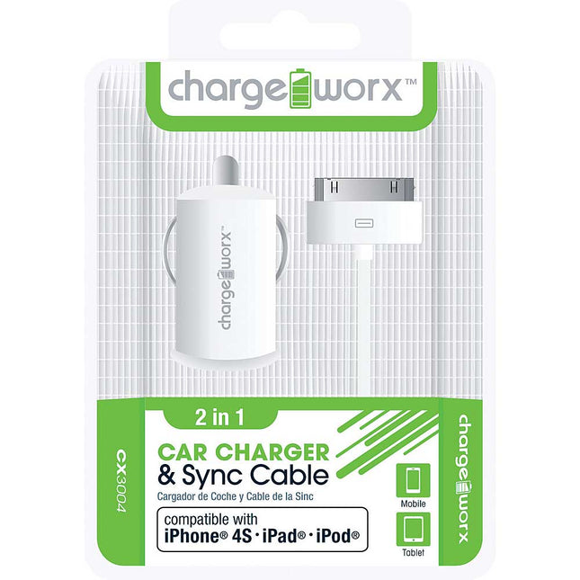 CX3004WH USB Car Charger & Sync Cable for iPhone 4/4S, iPad®, iPod®, White