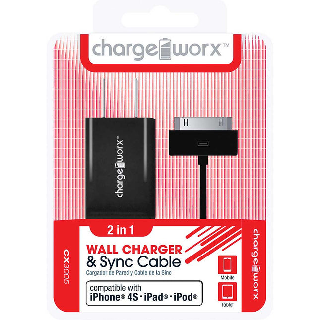 CX3005BK USB Wall Charger & Sync Cable for iPhone 4/4S, iPad®, iPod, Black