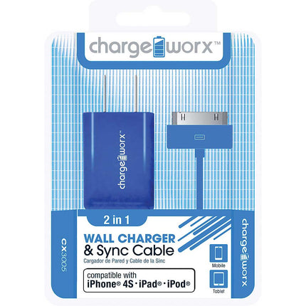 CX3005BL USB Wall Charger & Sync Cable for iPhone 4/4S, iPad®, iPod, Blue