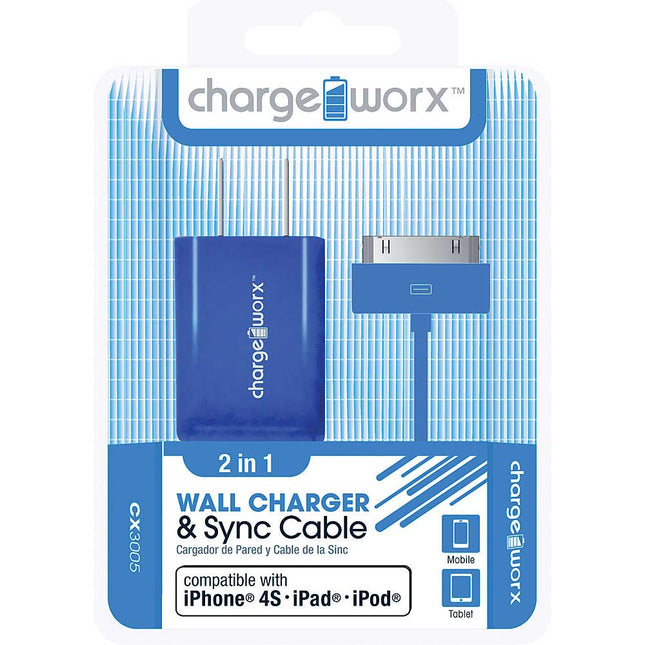 CX3005BL USB Wall Charger & Sync Cable for iPhone 4/4S, iPad®, iPod, Blue