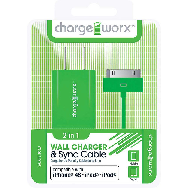 CX3005GN USB Wall Charger & Sync Cable for iPhone 4/4S, iPad®, iPod, Green