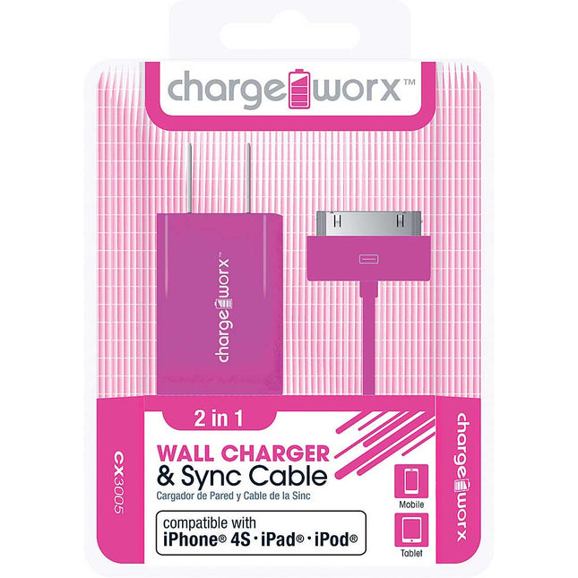 CX3005PK USB Wall Charger & Sync Cable for iPhone 4/4S, iPad®, iPod, Pink