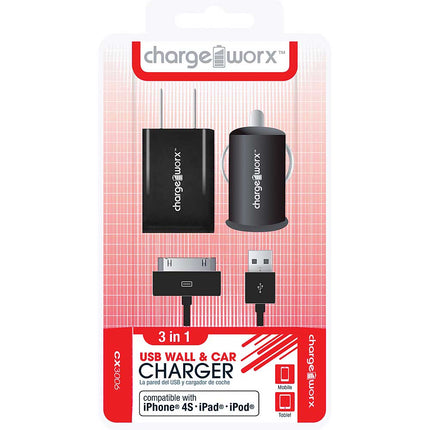 CX3006BK Wall & Car Charger with Sync Cable for iPhone 4/4S, iPad®, iPod, Black