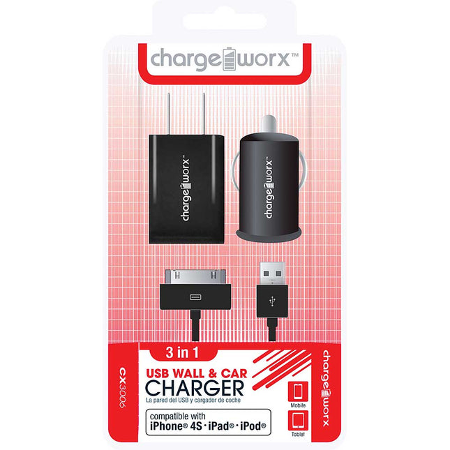 CX3006BK Wall & Car Charger with Sync Cable for iPhone 4/4S, iPad®, iPod, Black
