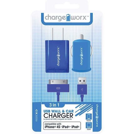 CX3006BL Wall & Car Charger with Sync Cable for iPhone 4/4S, iPad®, iPod, Blue