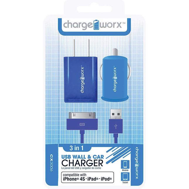CX3006BL Wall & Car Charger with Sync Cable for iPhone 4/4S, iPad®, iPod, Blue
