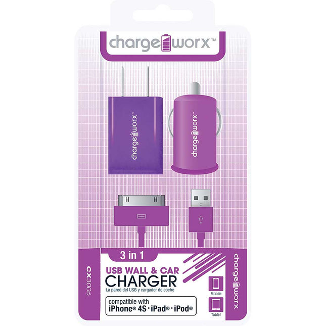 CX3006VT Wall & Car Charger with Sync Cable for iPhone 4/4S, iPad®, iPod, Purple