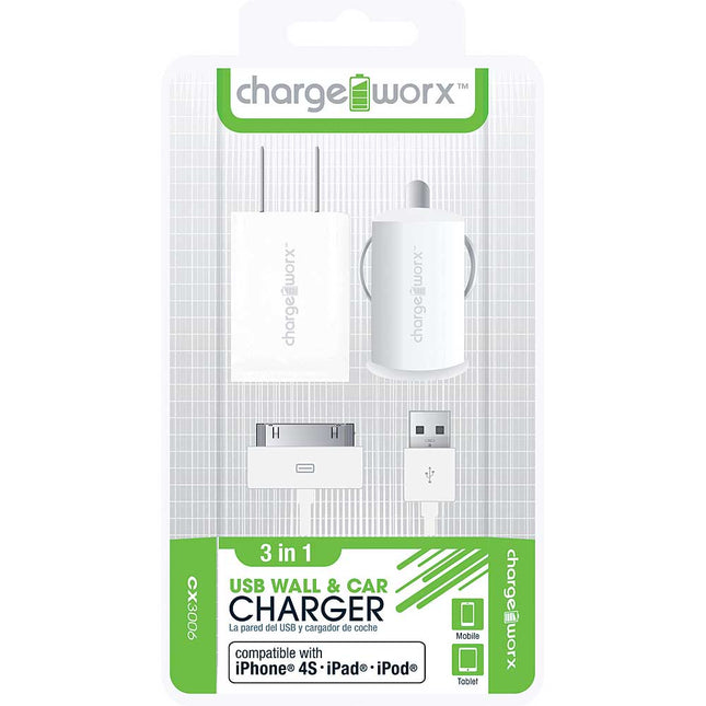 CX3006WH Wall & Car Charger with Sync Cable for iPhone 4/4S, iPad®, iPod, White