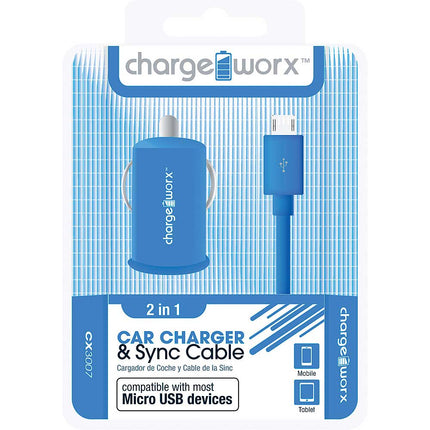 CX3007BL USB Car Charger & Micro-USB Sync Cable, Blue