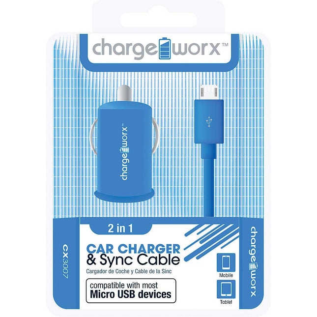 CX3007BL USB Car Charger & Micro-USB Sync Cable, Blue