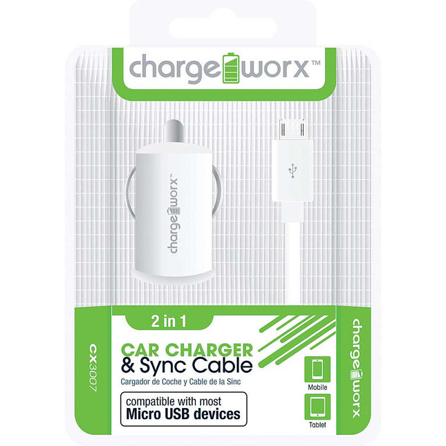 CX3007WH USB Car Charger & Micro-USB Sync Cable, White