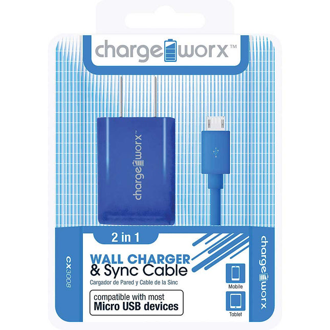 CX3008BL USB Wall Charger & Micro-USB Sync Cable, Blue
