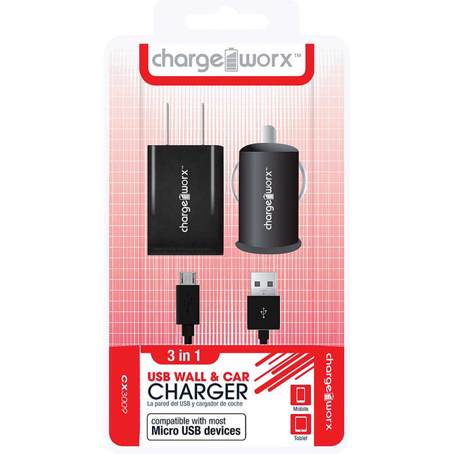 CX3009BK Wall & Car Charger & Micro-USB Sync Cable, Black