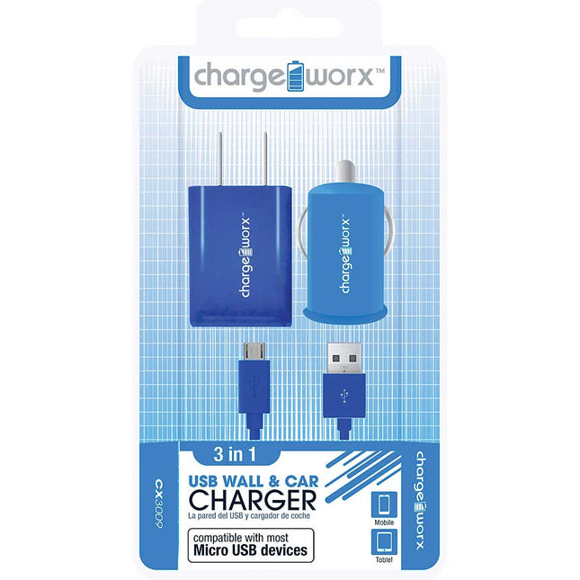 CX3009BL Wall & Car Charger & Micro-USB Sync Cable, Blue