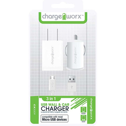 CX3009WH Wall & Car Charger & Micro-USB Sync Cable, White