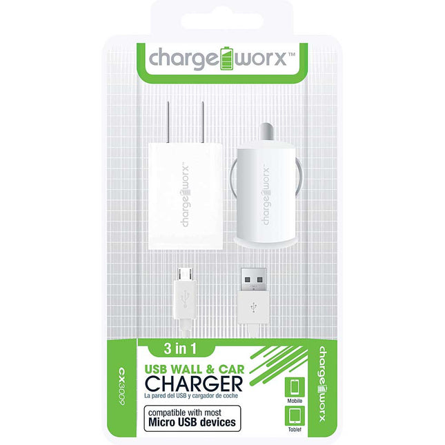 CX3009WH Wall & Car Charger & Micro-USB Sync Cable, White